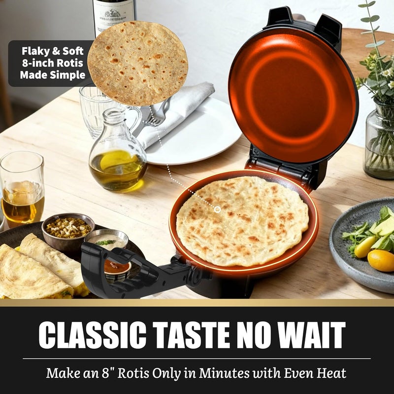 FineMade Compact Roti Maker, 8'' Electric Tortilla Maker Machine, Maquina Para Hacer Tortillas, Crepe Maker,Electric Tortilla Press, Prensa Para Tortillas, Recipe Included, Black - Image 2